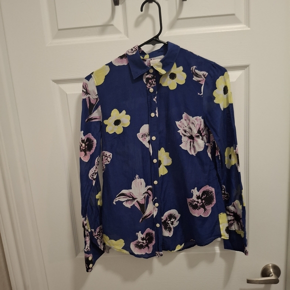J. Crew Tops - J Crew XS Blue Floral Silk Blend Long Sleeve Sheer Button Up The Perfect Shirt
